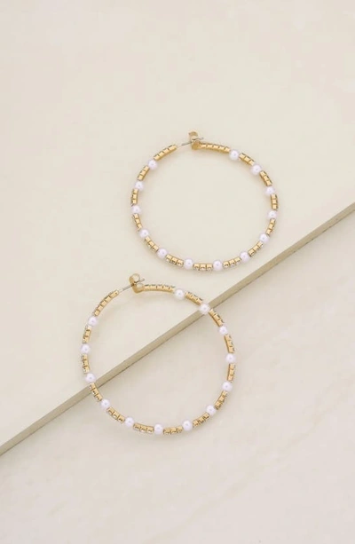 Shop Ettika Crystal & Imitation Pearl Hoop Earrings In Gold
