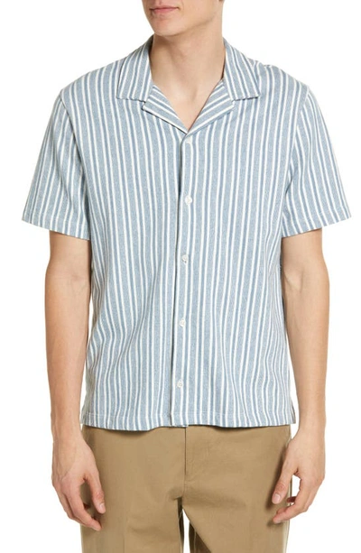 Shop Vince Cabana Stripe Cotton Short Sleeve Button-up Shirt In Smoke Blue/ Off White