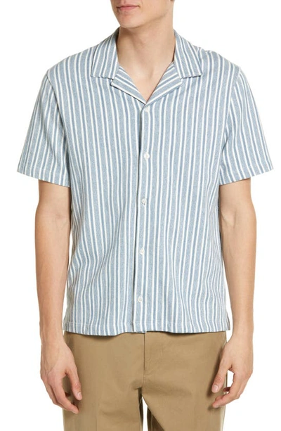 Vince Cabana Stripe Cotton Short Sleeve Button-up Shirt In Smoke Blue/ Off White