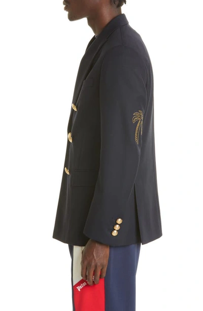 Shop Palm Angels Embroidered Palm Double Breasted Blazer In Navy Blue