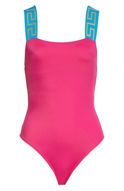 Shop Versace Greca Strap One-piece Swimsuit In Cerise Teal