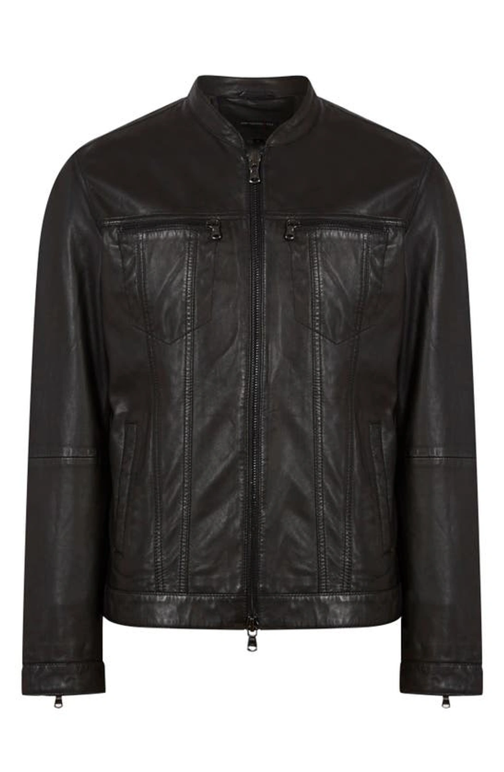 John Varvatos Star Usa Leather Band Collar Moto Jacket In Black