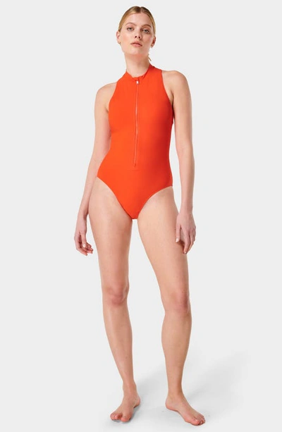 Shop Sweaty Betty Vista High Neck Zip-up One-piece Swimsuit In Resort Red