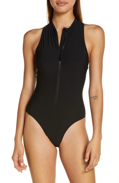 Shop Sweaty Betty Vista High Neck Zip-up One-piece Swimsuit In Black A
