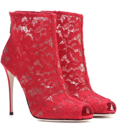 Dolce & Gabbana Lace Open-toe Ankle Boots In Red