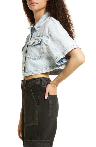 Bp. Short Sleeve Crop Nonstretch Denim Trucker Jacket In Bleached Wash