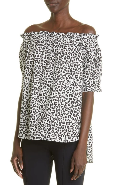 Adam Lippes Off The Shoulder High-low Stretch Cotton Poplin Blouse In White Black