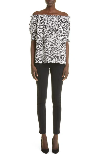 Adam Lippes Off The Shoulder High-low Stretch Cotton Poplin Blouse In White Black