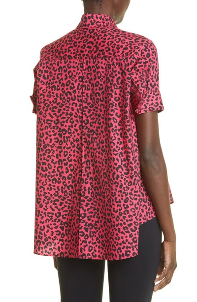 Shop Adam Lippes Animal Print High-low Stretch Cotton Button-up Blouse In Raspberry Black