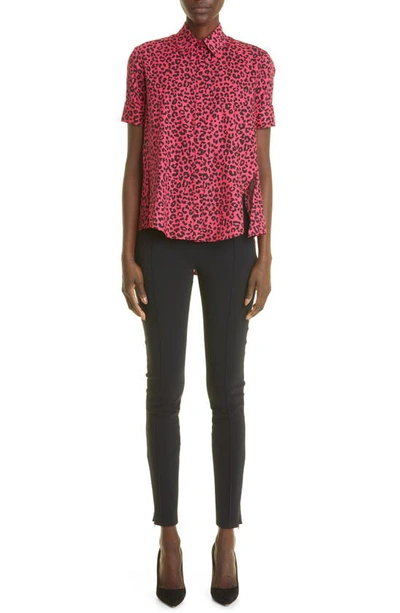 Shop Adam Lippes Animal Print High-low Stretch Cotton Button-up Blouse In Raspberry Black