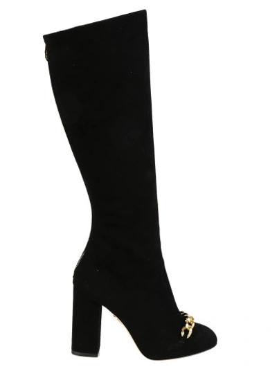Shop Charlotte Olympia High Boots  Black Suede Gold Chain In Nero