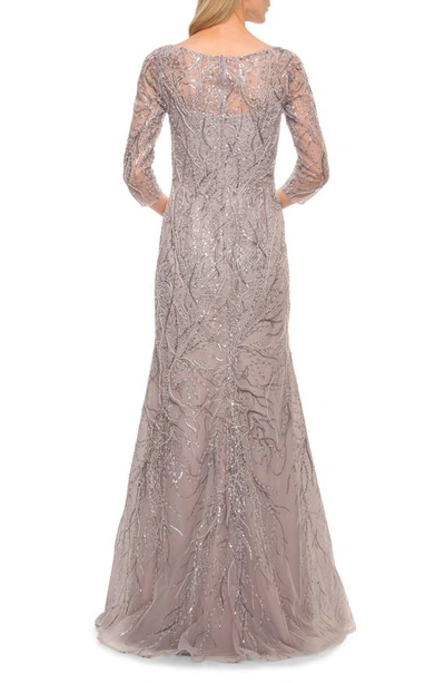 Shop La Femme Beaded Lace Mermaid Gown In Lavender/ Gray