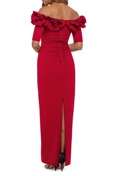 Xscape Ruffle Off The Shoulder Crepe Column Gown In Red