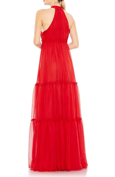 Shop Mac Duggal Bow Neck Tiered Ruffle Gown In Red