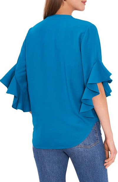 Shop Vince Camuto Ruffle Sleeve Split Neck Blouse In Teal Waters
