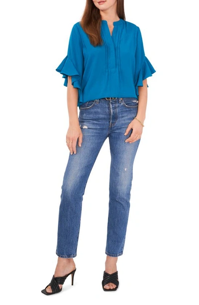 Shop Vince Camuto Ruffle Sleeve Split Neck Blouse In Teal Waters