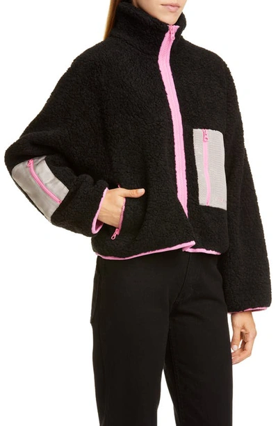 Shop Sandy Liang Frey Moiré Pocket Fleece Jacket In Black