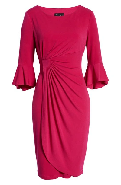 Shop Connected Apparel Ruched Bell Sleeve Faux Wrap Cocktail Dress In Deep Fuschia