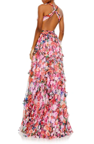 Shop Mac Duggal Floral Print Ruffle Cutout Gown In Multi