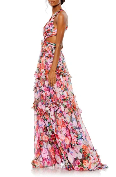 Shop Mac Duggal Floral Print Ruffle Cutout Gown In Multi