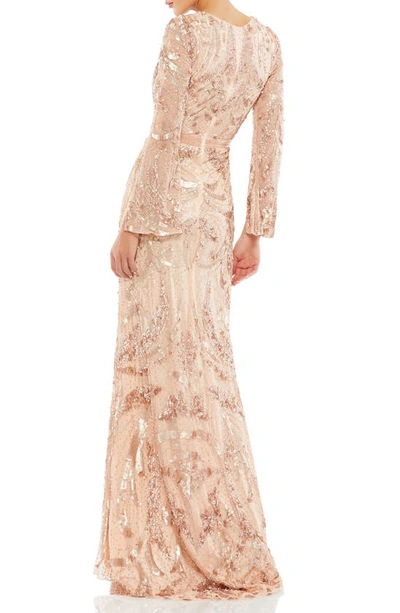 Mac Duggal Sequined Faux Wrap Split Long Sleeve Gown In Rose Gold