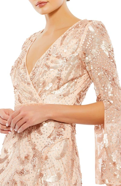 Mac Duggal Sequined Faux Wrap Split Long Sleeve Gown In Rose Gold