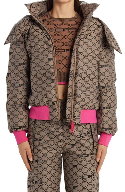 Arrow Logo Check Puffer Jacket W/ Removable Hood In Brown