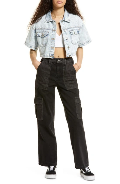 Bp. Short Sleeve Crop Nonstretch Denim Trucker Jacket In Bleached Wash