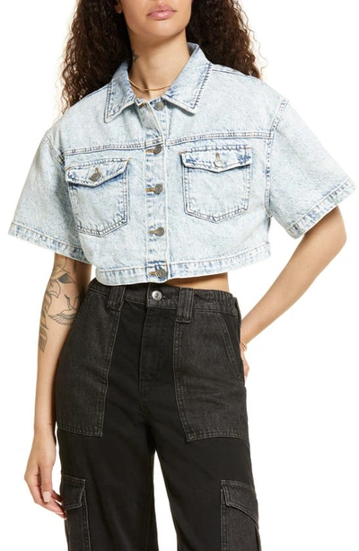 Bp. Short Sleeve Crop Nonstretch Denim Trucker Jacket In Bleached Wash
