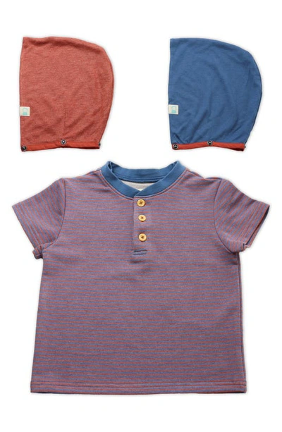 Shop Thoughtfully Hooded Stripe Short Sleeve Henley & Two Hoods Set In Red And Blue Stripe