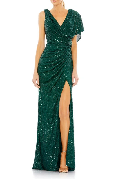 Shop Ieena For Mac Duggal Sequin Asymmetric Trumpet Gown In Emerald