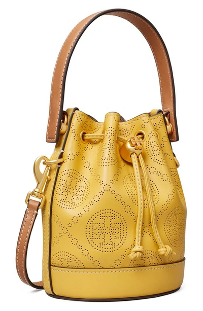 Shop Tory Burch T Monogram Perforated Leather Mini Bucket Bag In Golden Sunset