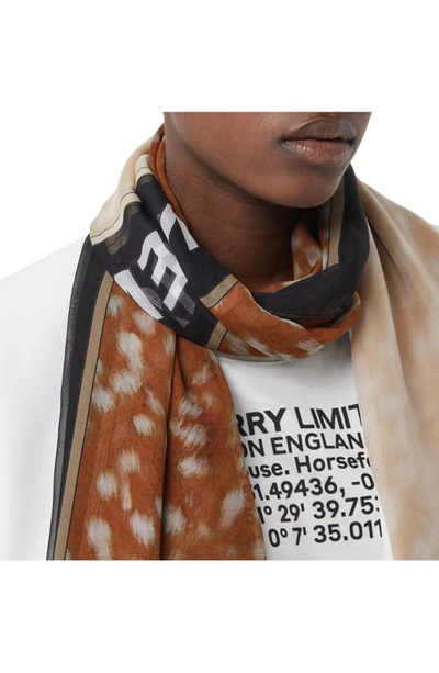 Shop Burberry Deer Print Silk Scarf In Brown