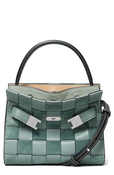 Tory Burch Lee Radziwill Woven Leather Petite Double Bag In Arctic
