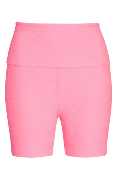 Shop Beyond Yoga Keep Pace Space Dye Bike Shorts In Electric Pink Heather