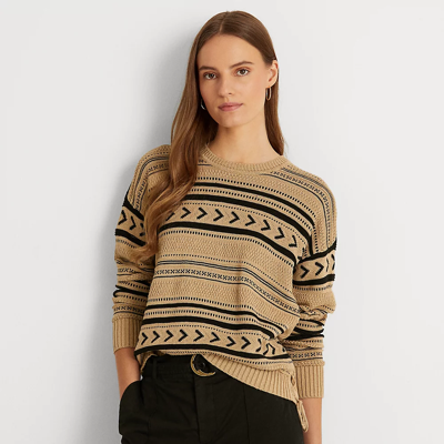 Shop Lauren Ralph Lauren Jacquard-knit Linen-blend Sweater In Birch Tan/polo Black