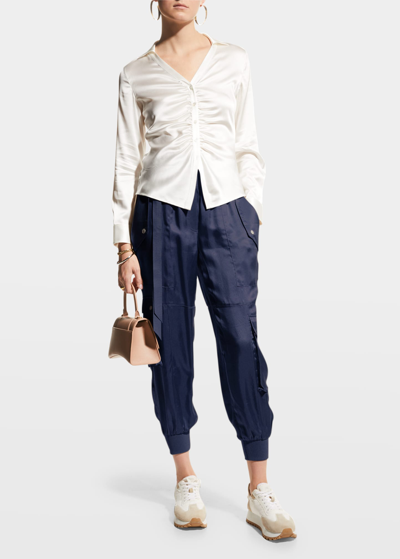 Shop Cinq À Sept Harmony Satin Cargo Jogger Pants In Navy