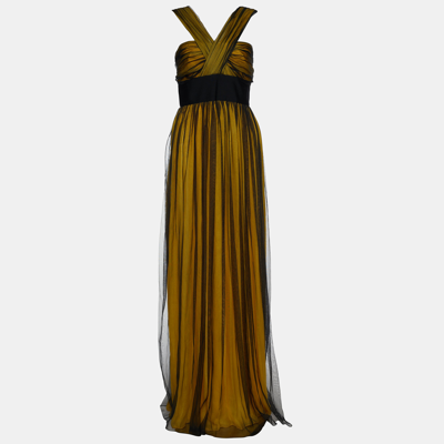 Pre-owned Dolce & Gabbana Yellow And Black Mesh Layover Maxi Dress M
