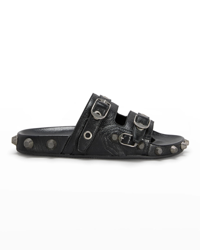 Shop Balenciaga Men's Cagole Lambskin Buckle Slide Sandals In Noir