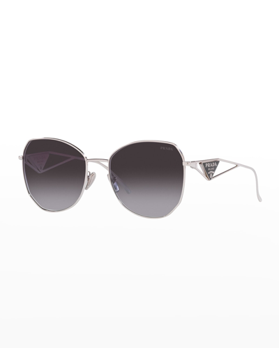 Shop Prada Triangle Logo Round Metal Sunglasses In Grey Gradient