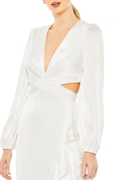 Shop Mac Duggal Cascade Detail Long Sleeve Gown In White