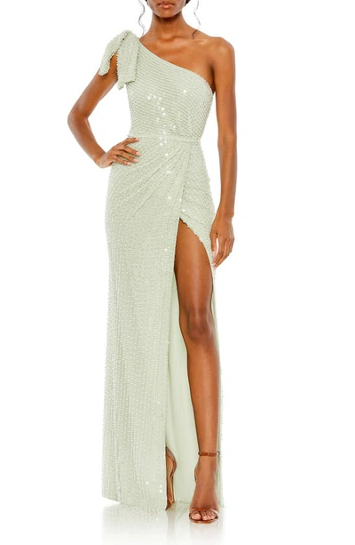Shop Mac Duggal Beaded One-shoulder Gown In Mint