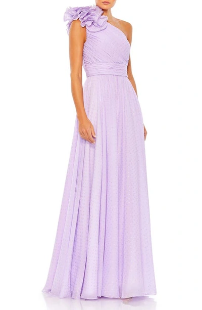 Shop Mac Duggal Rosette Metallic Dot One-shoulder Chiffon Gown In Lilac