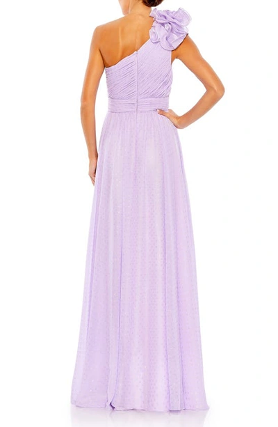 Shop Mac Duggal Rosette Metallic Dot One-shoulder Chiffon Gown In Lilac