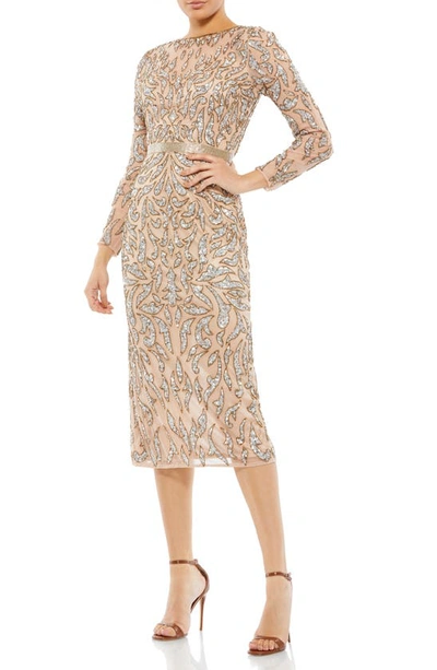 Shop Mac Duggal Sequin Long Sleeve Midi Cocktail Dress In Mocha