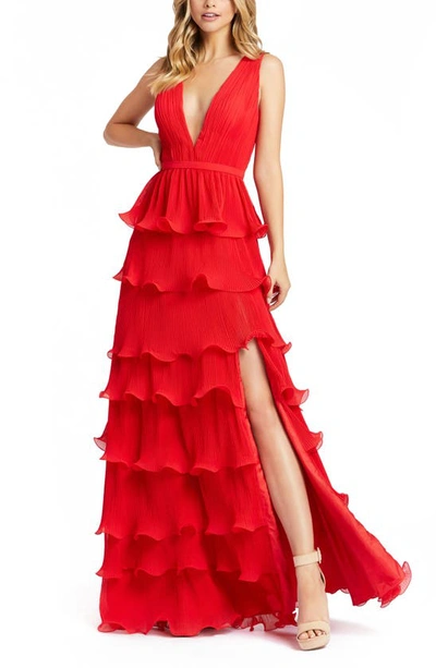 Shop Ieena For Mac Duggal Tiered Ruffle A-line Gown In Red