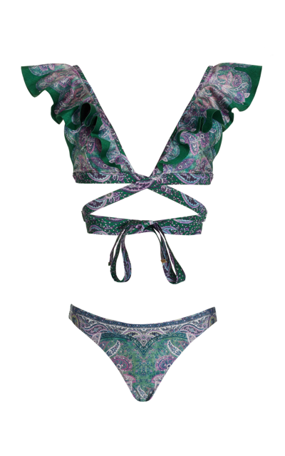 Shop Zimmermann Ruffled Wrap Bikini In Green