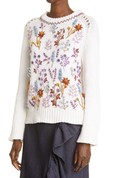 Shop Adam Lippes Floral Embroidered Cotton Sweater In Ivory Floral