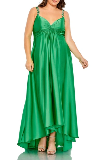 Shop Mac Duggal Twist Detail High-low Satin Gown In Green
