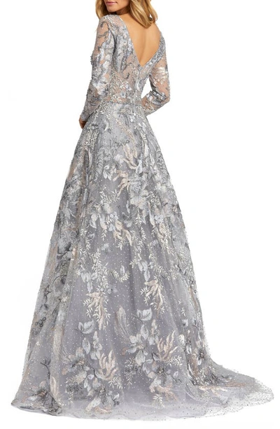 Shop Mac Duggal Beaded Floral Overlay Long Sleeve Tulle A-line Gown In Grey Multi